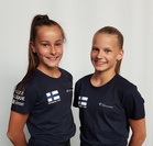 Kuvassa Härmän Siskoista TeamGym EM-joukkueeseen valitut voimistelijat Hertta Luoma ja Vilma Paussu.
Kuva: Katri Kukkanen